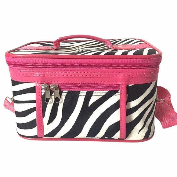 Zebra Cosmetic Case With Mirror Hot Pink & Black Print - Picture 1 of 6